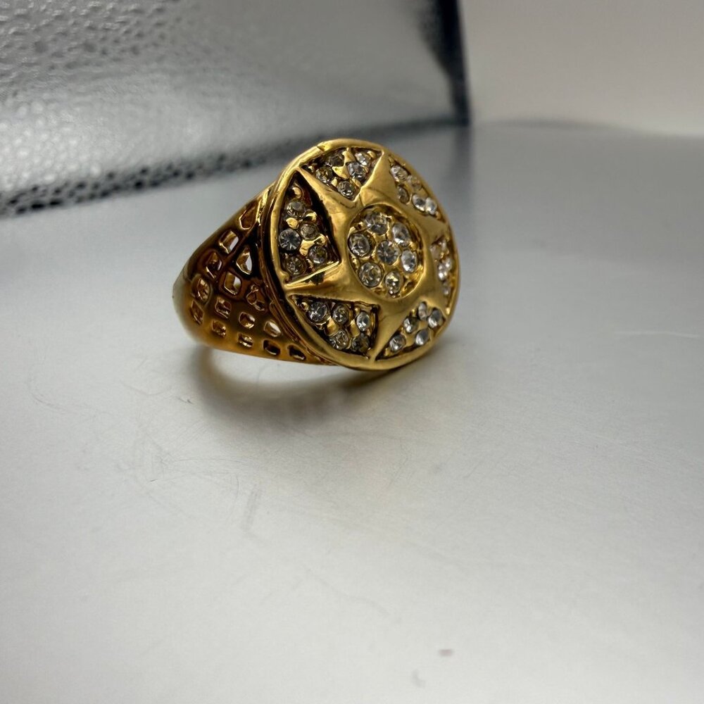 Bold Gold Tone Rhinestone Starburst Signet Ring Size 12 | Vintage Patina Stateme - Picture 10 of 11